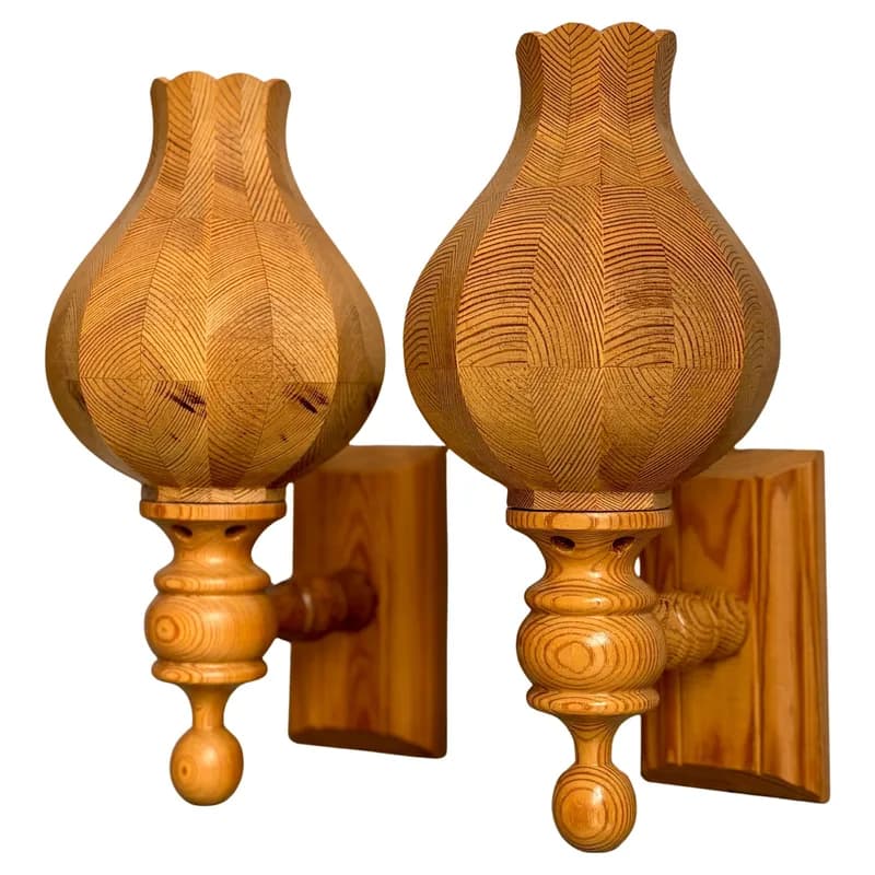 Swedish Designer Pine Wood Wall Lights, 1970s — Furniture — resale