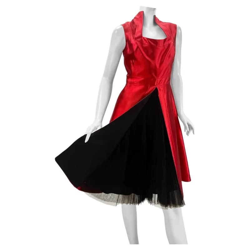 Alexander McQueen — Alexander McQueen 2007 Red Silk Evening Dress with Black Pleated Tulle Underskirt — Designer Shoe — resale