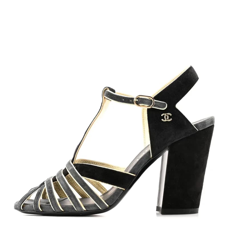 Chanel — Suede Calfskin Peep Toe Ankle Strap Pumps 37 Black Grey — Designer Shoe — resale
