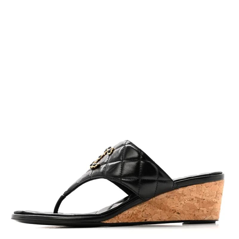 Chanel — Shiny Goatskin Cork CC Wedge Sandals 37.5 Black — Designer Shoe — resale