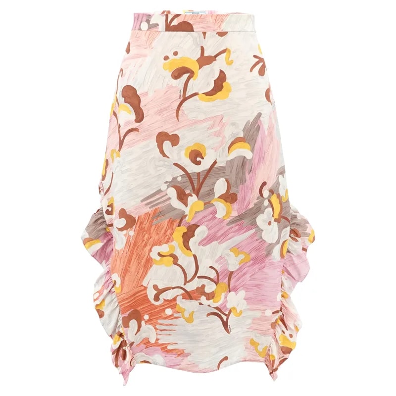 Prada — Prada Floral Brushstroke Printed Ruffle Midi Skirt — Clothing — resale