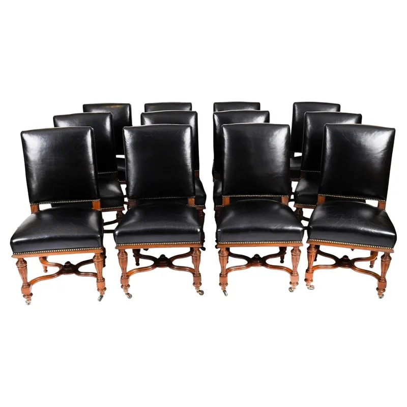 Antique Set of 12 French Walnut and Black Leather Dining Chairs, 19th Century — Furniture — resale
