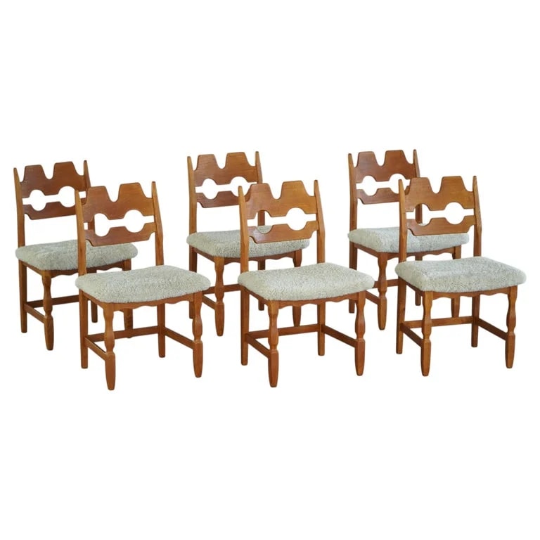 Henning Kjærnulf, Nyrup Møbelfabrik — Set of 6 "Razorblade" By Henning Kjærnulf in Oak & Lambswool, 1960s — Furniture — resale