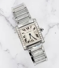 Cartier — Cartier Tank Francaise With Pink MOP Dial and VVS Diamond Bezel - Boxed. — Watch — resale