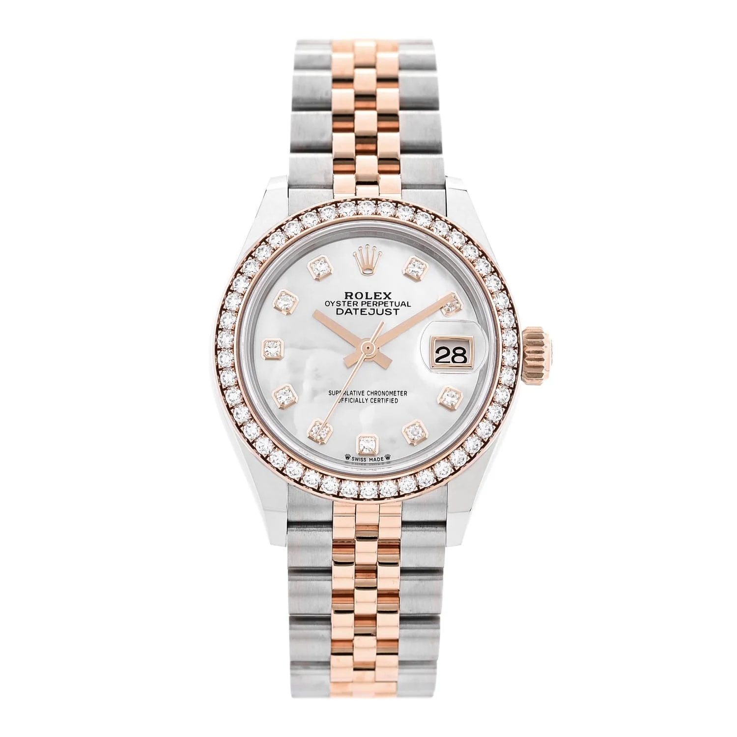 Rolex — Stainless Steel 18K Everose Gold Diamond Bezel Mother of Pearl 28mm Datejust 279381RBR — Watch — resale