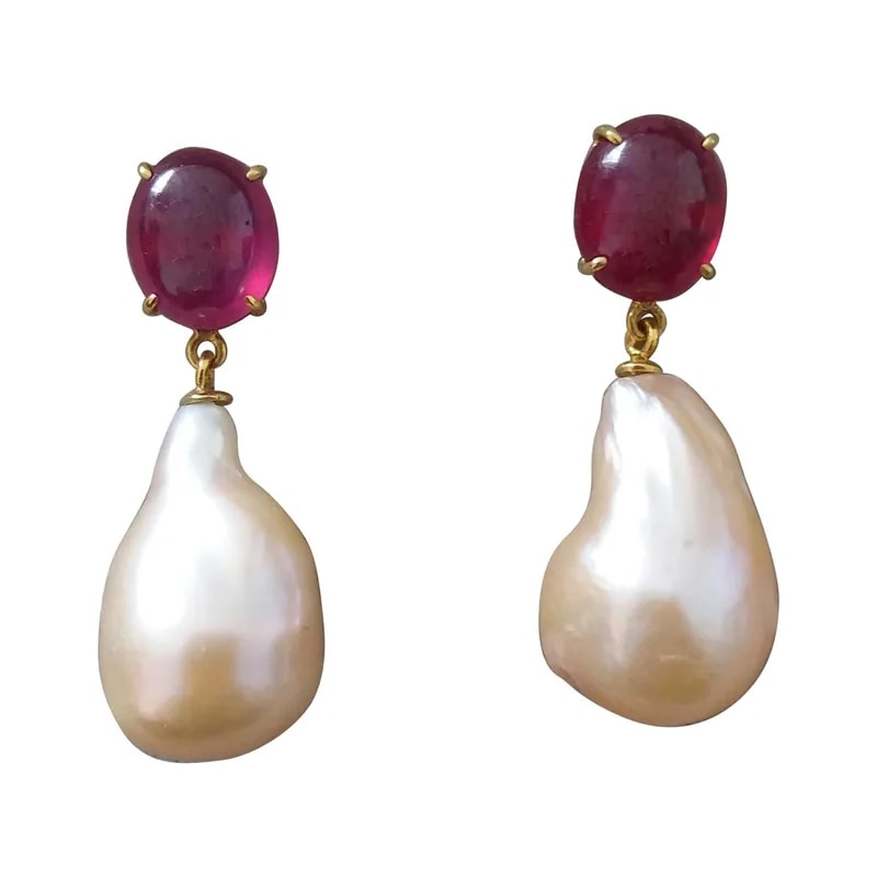 Big Size Pear Shape Cream Color Pearls Oval Ruby Cabochon 14 Karat Gold Earrings — Jewelry — resale