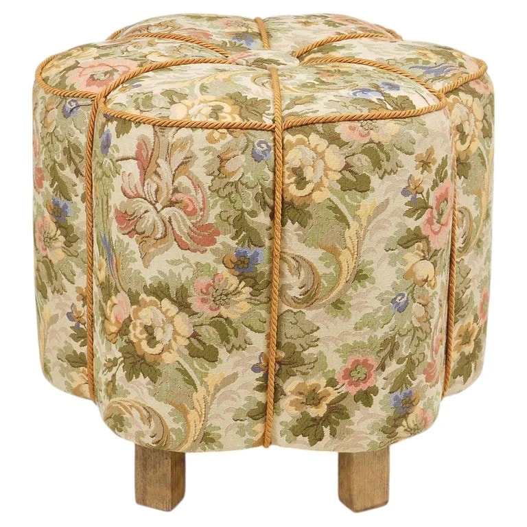 Art Deco Floral Tapestry , Tabouret, Pouf, Ottoman, Vienna, Austria, 1930s — Furniture — resale