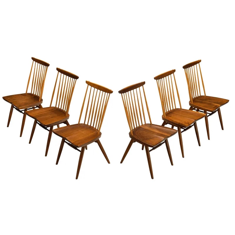 George Nakashima Set of Six New Dining Chairs in Walnut and Hickory — Furniture — resale