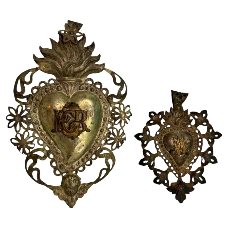 Lot of Two Silver Sacred Heart Ex Voto with Cherub Angel, Antique European, 1900s — Furniture — resale