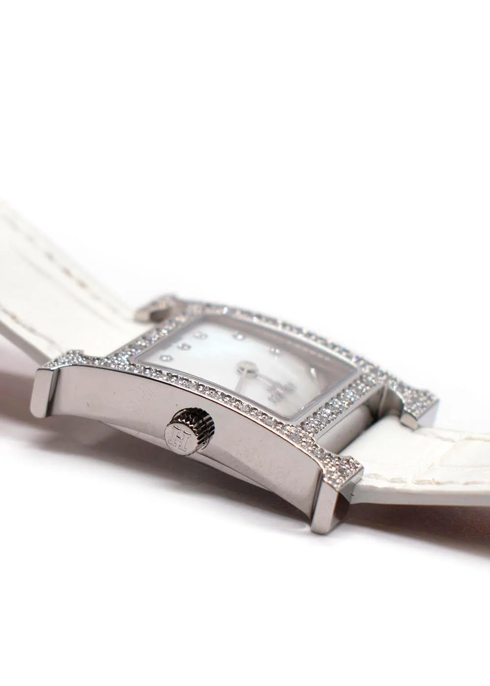 Hermès White Heure H in Matte Chantilly Alligator With Diamonds 3