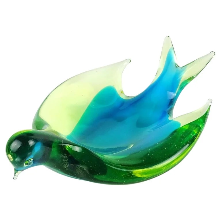 Murano — Murano Sommerso Uranium Vaseline Glowing Blue Green Italian Art Glass Bird Bowl — decorative_object — resale