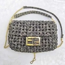 Auth Fendi Mini Woven Fabric Baguette Chain Crossbody 2