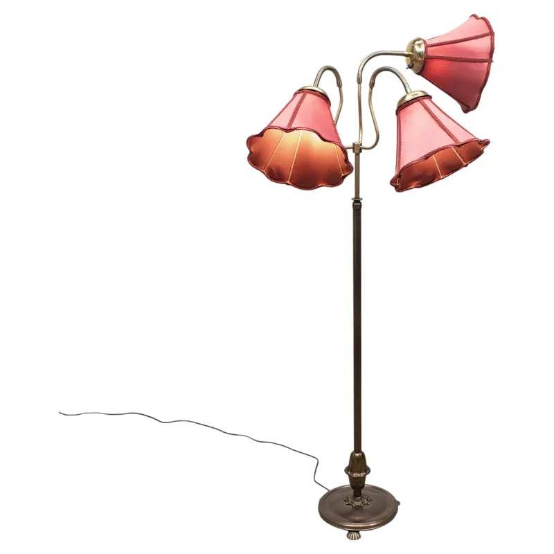 1940s Swedish Floor Lamp with Three Red Satin Shades — lighting — resale