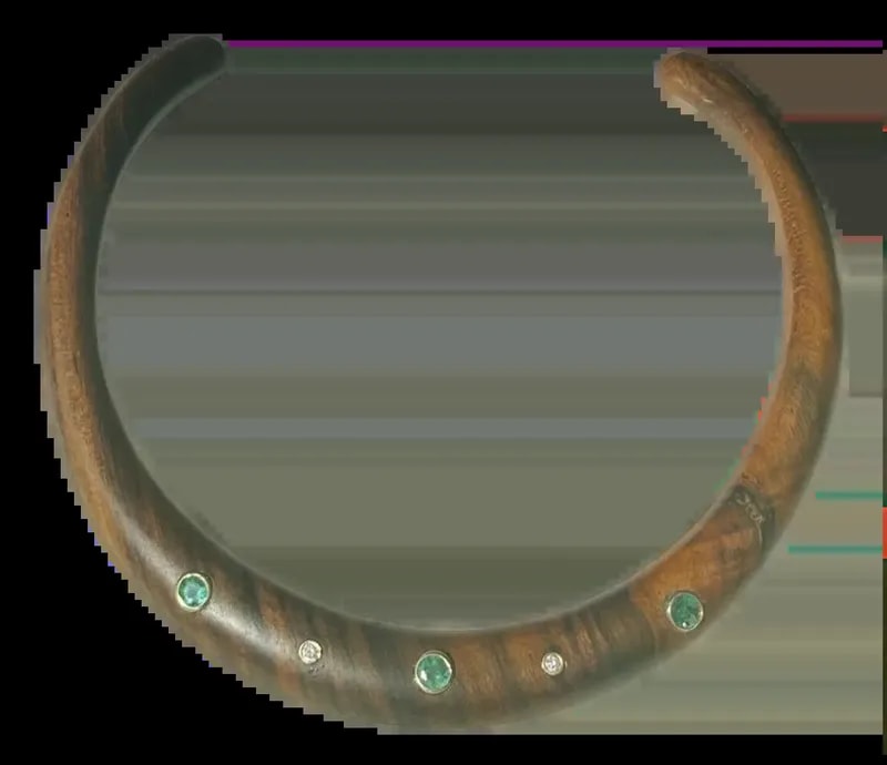 Wood Collar Necklace With Emeralds, Diamonds & 14k Gold — Jewelry — resale