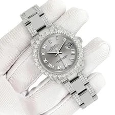 Rolex Datejust 31mm Silver Roman Custom Pave 7.2ct Diamond 178240 Box/Apr 3