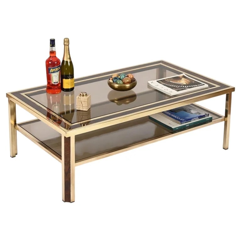 Willy Rizzo — Willy Rizzo Large Coffee in Brass, Burl, Smoked Glass, Italy, 1970s — Furniture — resale