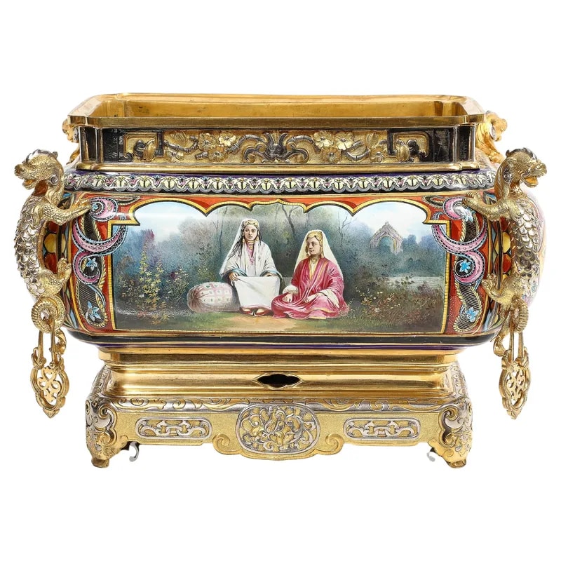 Chinoiserie Orientalist French Silvered Bronze Porcelain Jardiniere w/ Dragons — Furniture — resale
