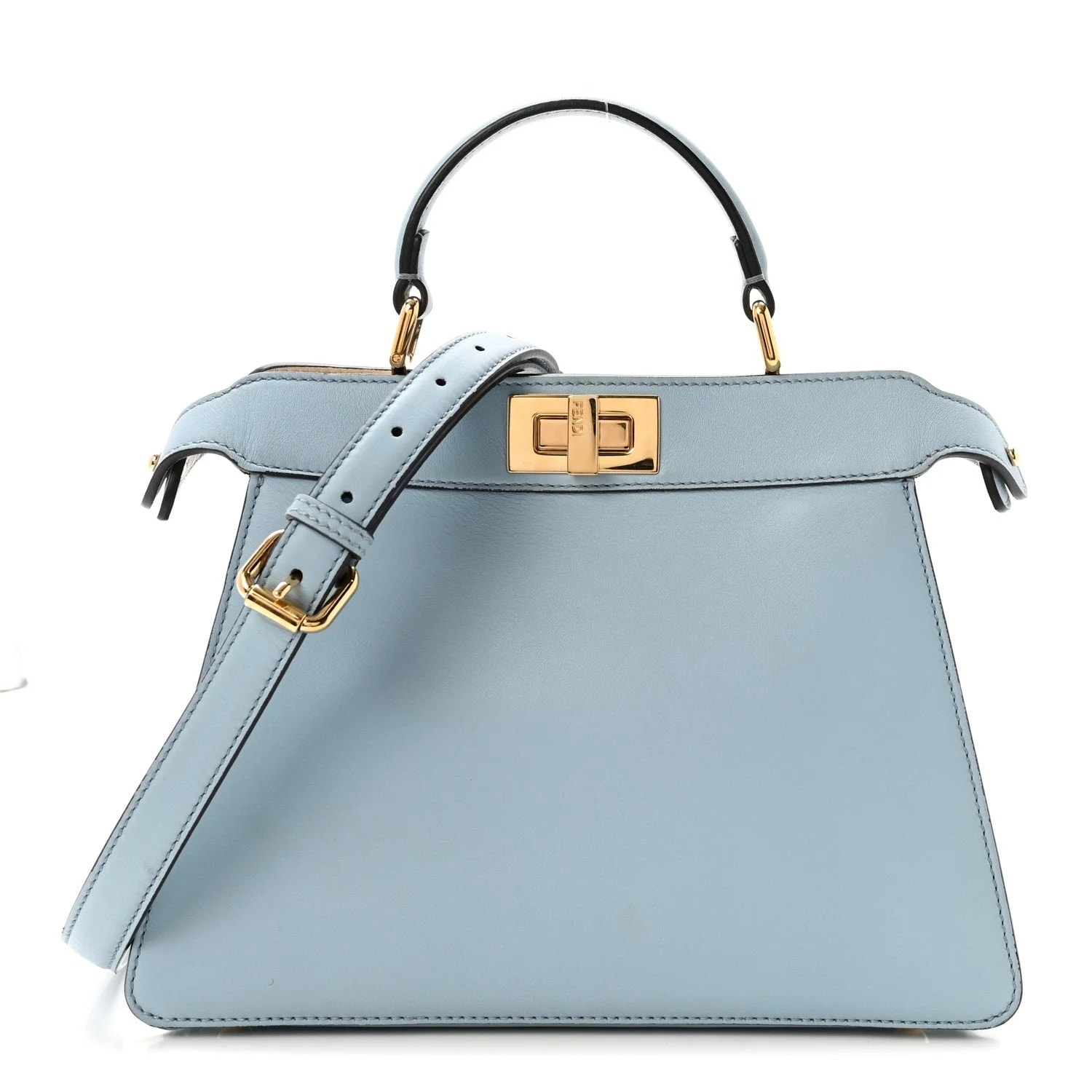 Fendi — Vitello Seta Shiny Small Peekaboo I SEE U Satchel Azzurro Baby Camelia — Handbag — resale