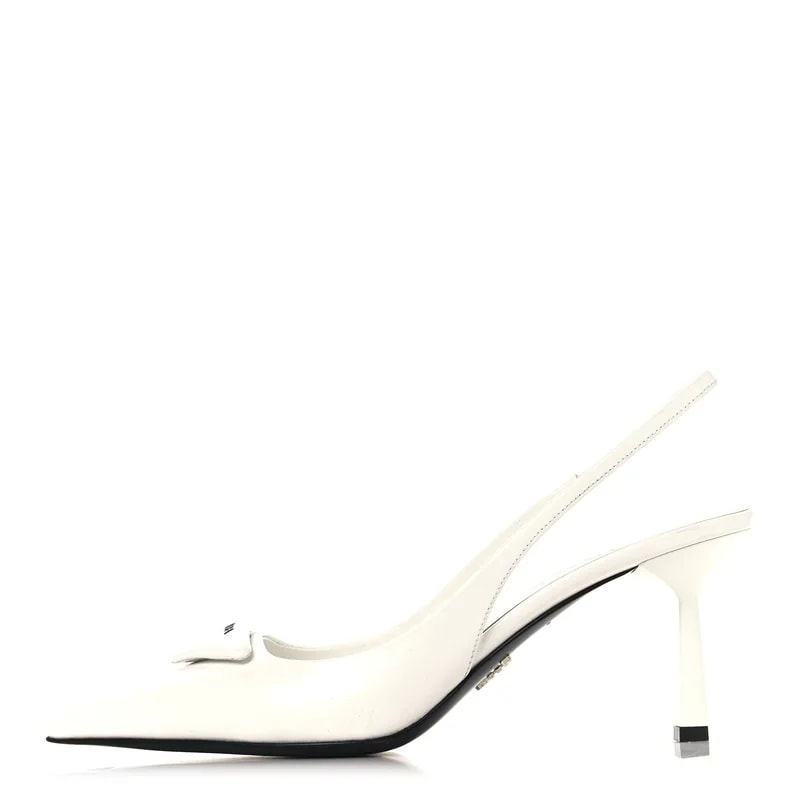 Prada — Spazzolato Triangle Logo Pointed Toe 75mm Slingback 37 — Designer Shoe — resale