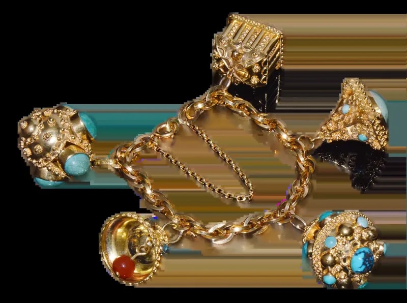 Estate Italian Unoaerre Etruscan Revival Solid 18k Gold Turquoise Carnelian Charm Fob Bracelet — Jewelry — resale