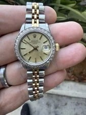 Rolex — Rolex 18K Date Silver Stick Dial Diamond Bezel Jubilee Band Ref# 69173 — Watch — resale