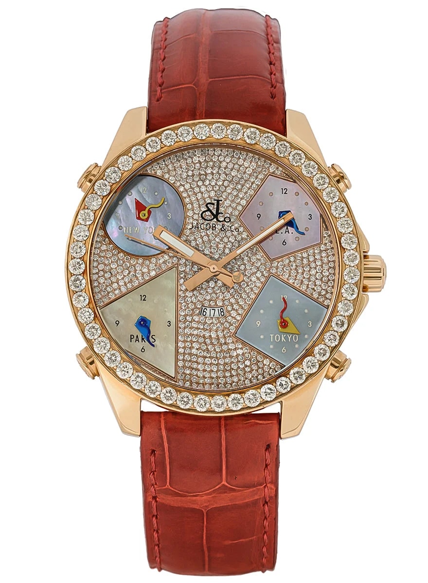 Worldofluxuryus — Jacob & Co Five Time Zone 18K Rose Gold & Diamonds — Watch — resale
