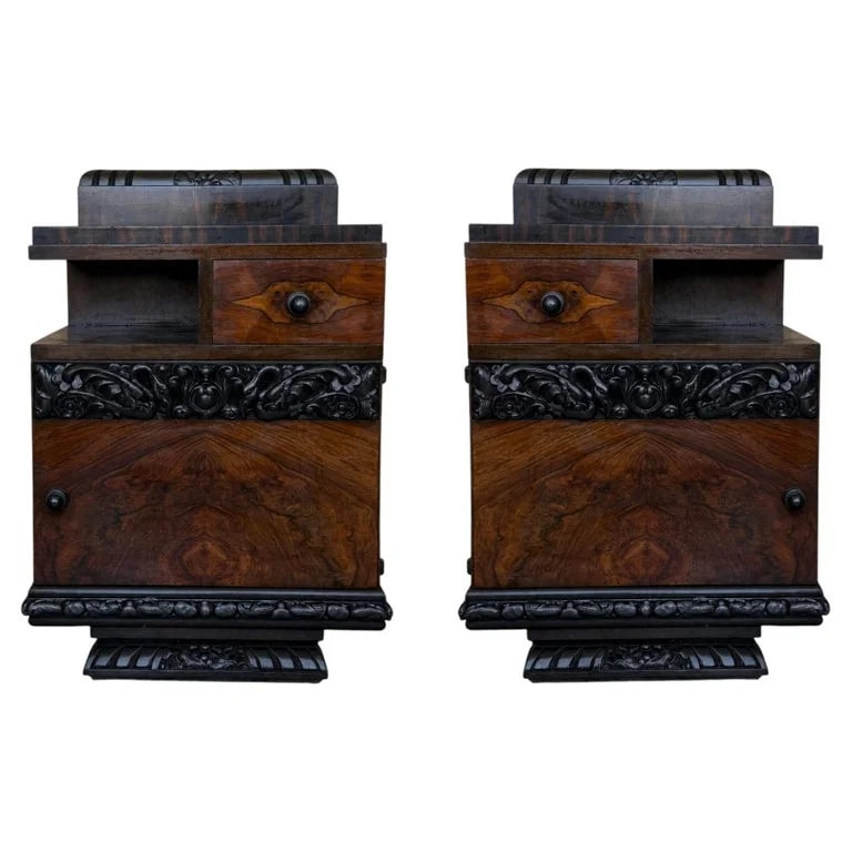 Pair of Carved Art Deco Bedside Cabinets in Burl Veneer — Furniture — resale