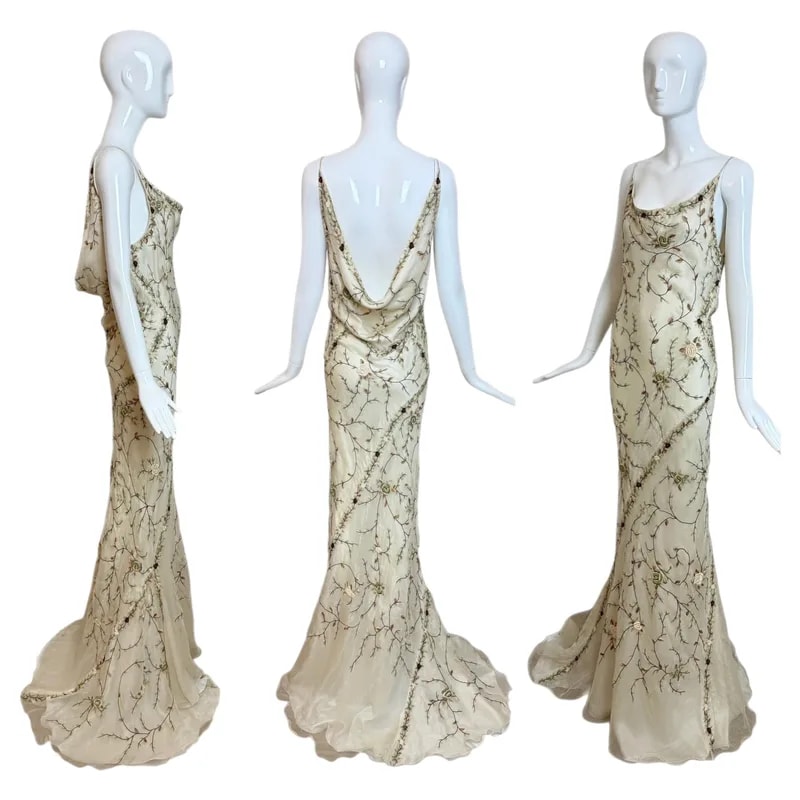 Eavis Brown — Eavis 90s Embroidered Cowl Backless Evening Gown Maxi — Clothing — resale