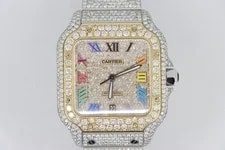 Cartier Santos WSSA0018 Custom Rainbow Roman Pave Diamond Dial Bezel & Band 3