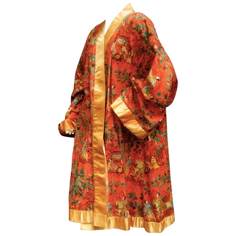 Asian Theme Cotton Illustrated Duster Robe Coat C 1970s — Clothing — resale