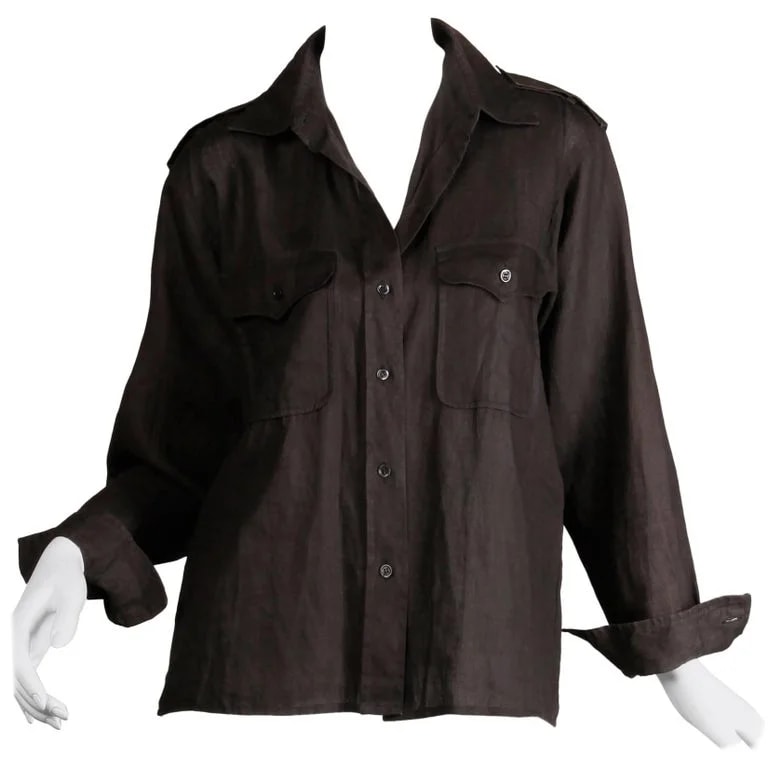 Yves Saint Laurent, Yves Saint Laurent Rive Gauche — 1970s Yves Saint Laurent Safari Button Up Blouse/ Top/ Shirt — Clothing — resale
