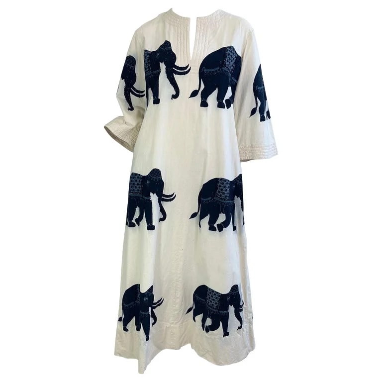 1970s Thai Elephant Print Caftan Cotton Dress Boho Resort 70s Maxi Dress — Clothing — resale