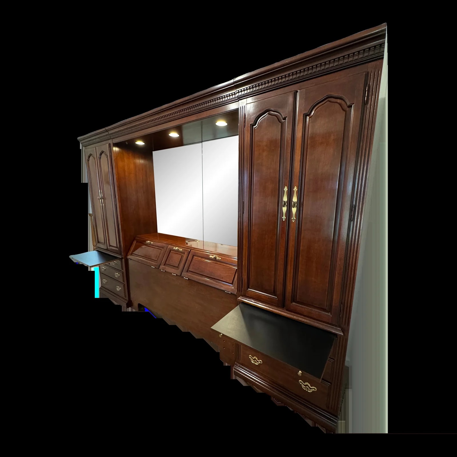 Thomasville — Thomasville Illuminated Queen Bed Unit- Headboard, Bridge, Nightstand Armoires, & Mirror — Furniture — resale