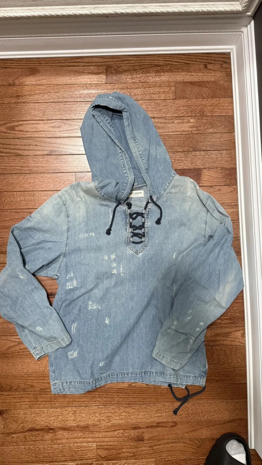 Saint Laurent — Saint Laurent Paris Distressed Lace-up Hoodie — streetwear — resale