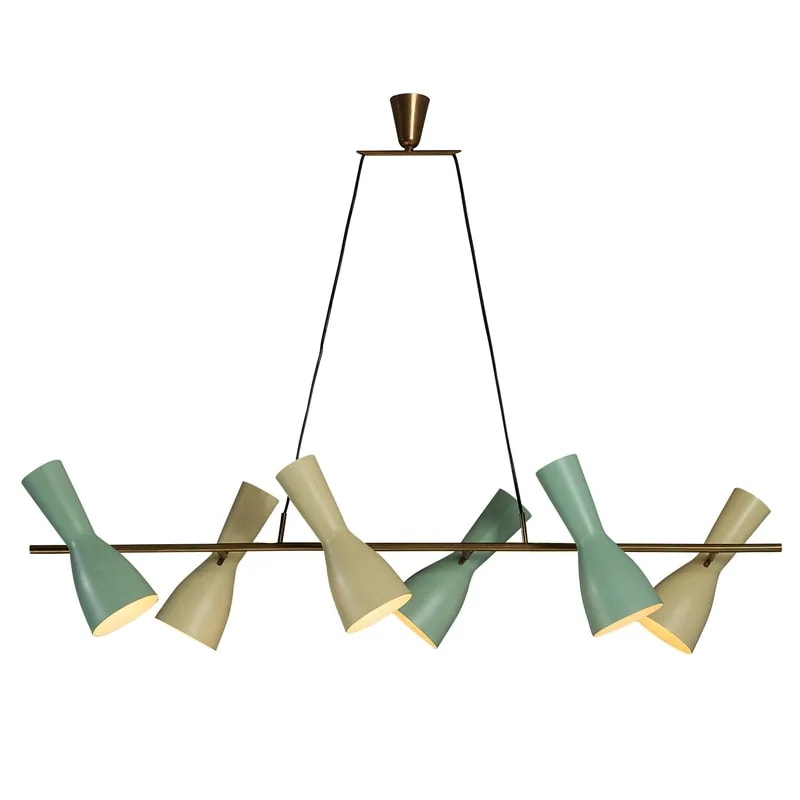 Rare Stilnovo Large Chandelier in Brass with Mint Green and Pastel Yellow Shades — lighting — resale