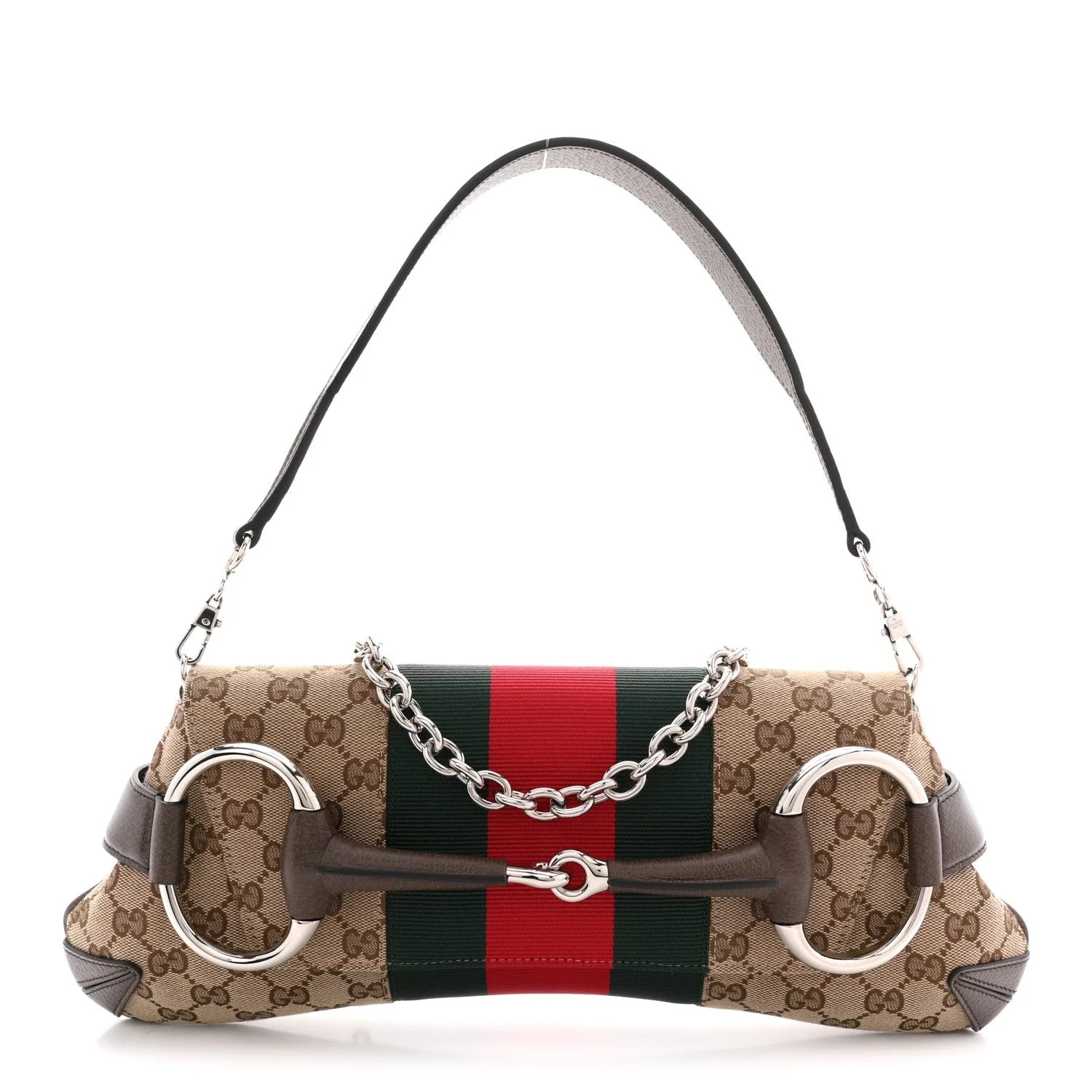 Gucci — Textured Dollar Heavy Grosgrain Web Medium Maxi Horsebit Chain New Acero — Handbag — resale