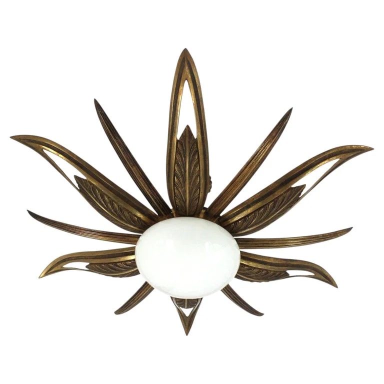 French Art Deco Starburst Sunburst Flush Mount in and Milk — lighting — resale