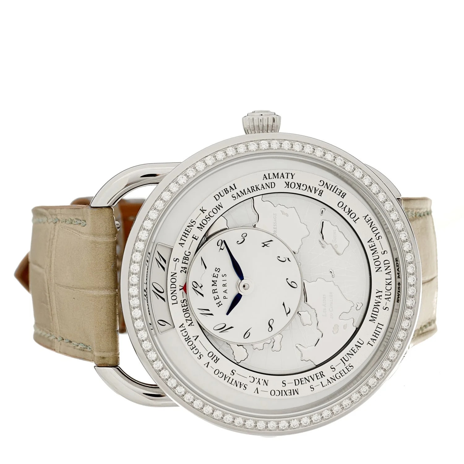 Stainless Steel Alligator Diamond Bezel Mother of Pearl 38mm Arceau le Temps Voyageur Automatic Gris Perle 2