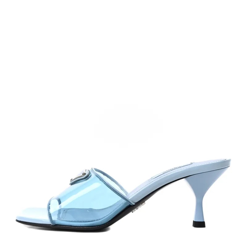 Prada — Plexiglass Vernice Metal Triangle Logo 65mm Slide 36 Celeste — Designer Shoe — resale
