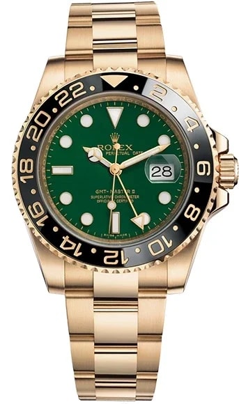 Worldofluxuryus — Rolex GMT-Master II Green Dial 18K Yellow Gold & Ceramic — Watch — resale