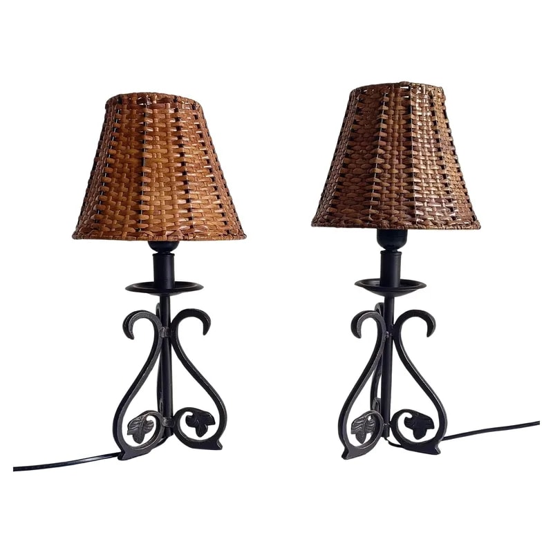 Spanish Hand Forged Wrought Iron Table Lamps with Hand Woven Wicker Shades — Furniture — resale