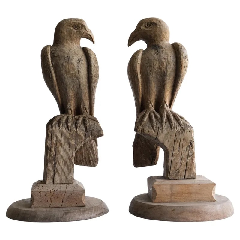 Pair of Antique French Folk Art Carved Oak Falcon Figures, Wooden Bird Sculpture — decorative_object — resale