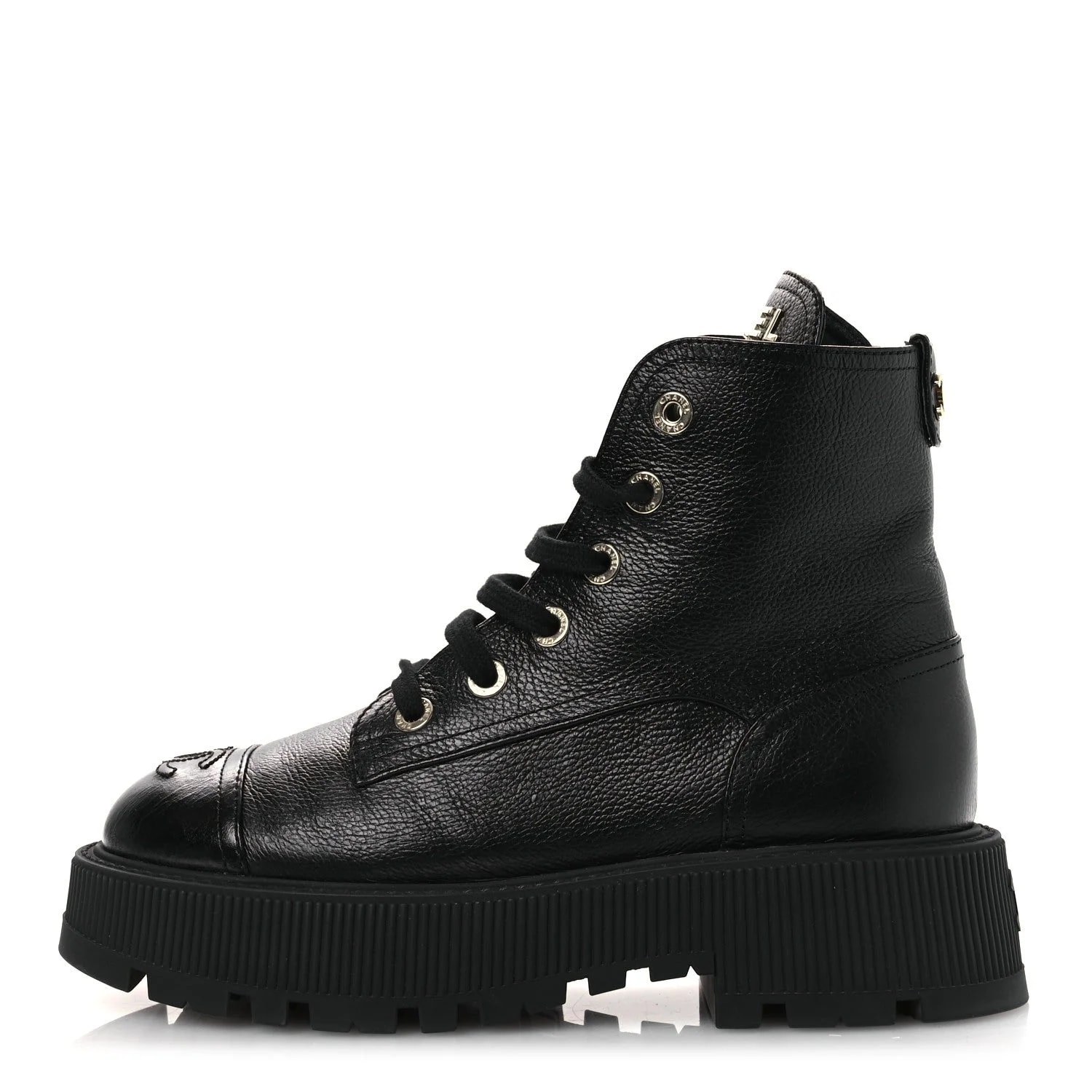 Chanel — Grained Shiny CC Lace Up Combat 38.5 — Designer Shoe — resale