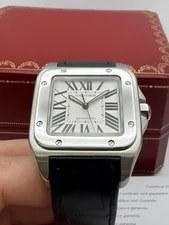 Cartier Santos 100 XL Silver Roman Dial Black Alligator W20073X8 Box Papers 4