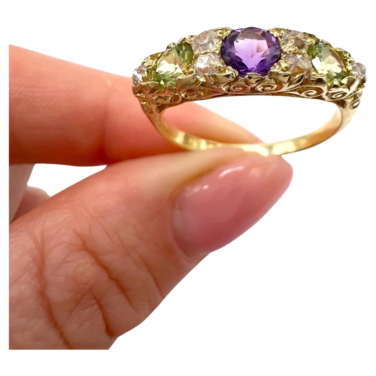 Antique 18ct Gold Edwardian Amethyst Peridot Diamond Carved Suffragette Ring 2