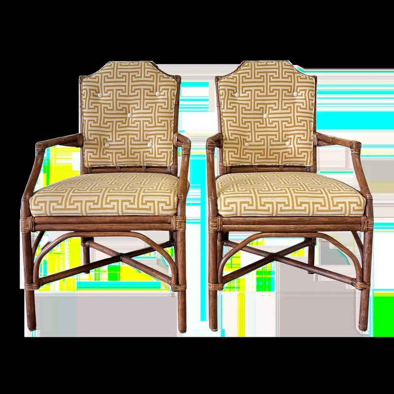 Palecek — Palecek Pavilion Armchairs, Pair, Custom Greek Key Fabric, Hollywood Regency Style — Furniture — resale