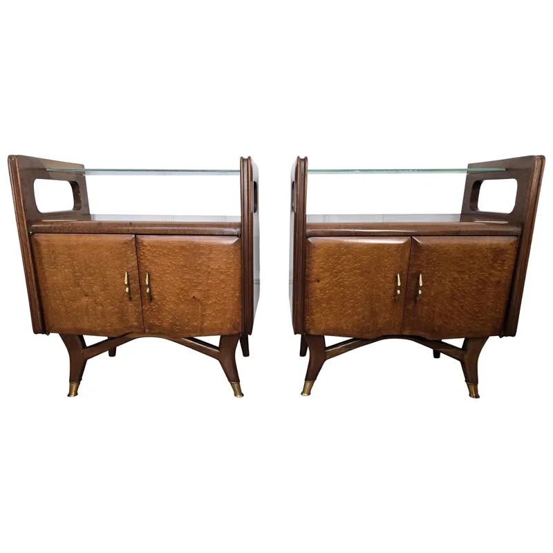 Pair of Mid-Century Italian Art Deco Nightstands Bedside Tables Walnut Glass Top — Furniture — resale