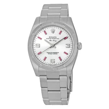 Rolex — Airking Silver Arabic Pink Index Dial Engine Turned Bezel 114210SAPSO — Watch — resale