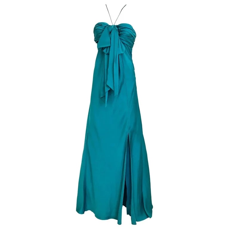 John Galliano — 90s John Galliano Silk Charmeuse Peacock Teal Bow Bust Gown, Made in Italy — decorative_object — resale