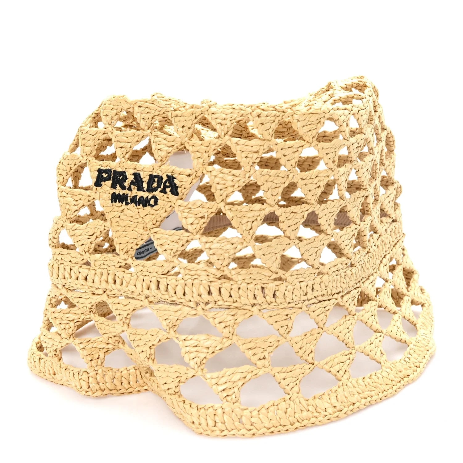 Prada — Effect Crochet Logo Embroidered Bucket Hat M Naturale — Accessory — resale